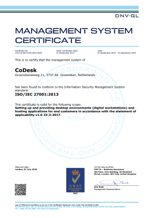 CoDesk ISO 27001 DNV GL gecertificeerd